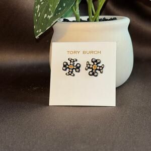 Tory Burch Navy and Gold Crystal Flower Stud Earrings